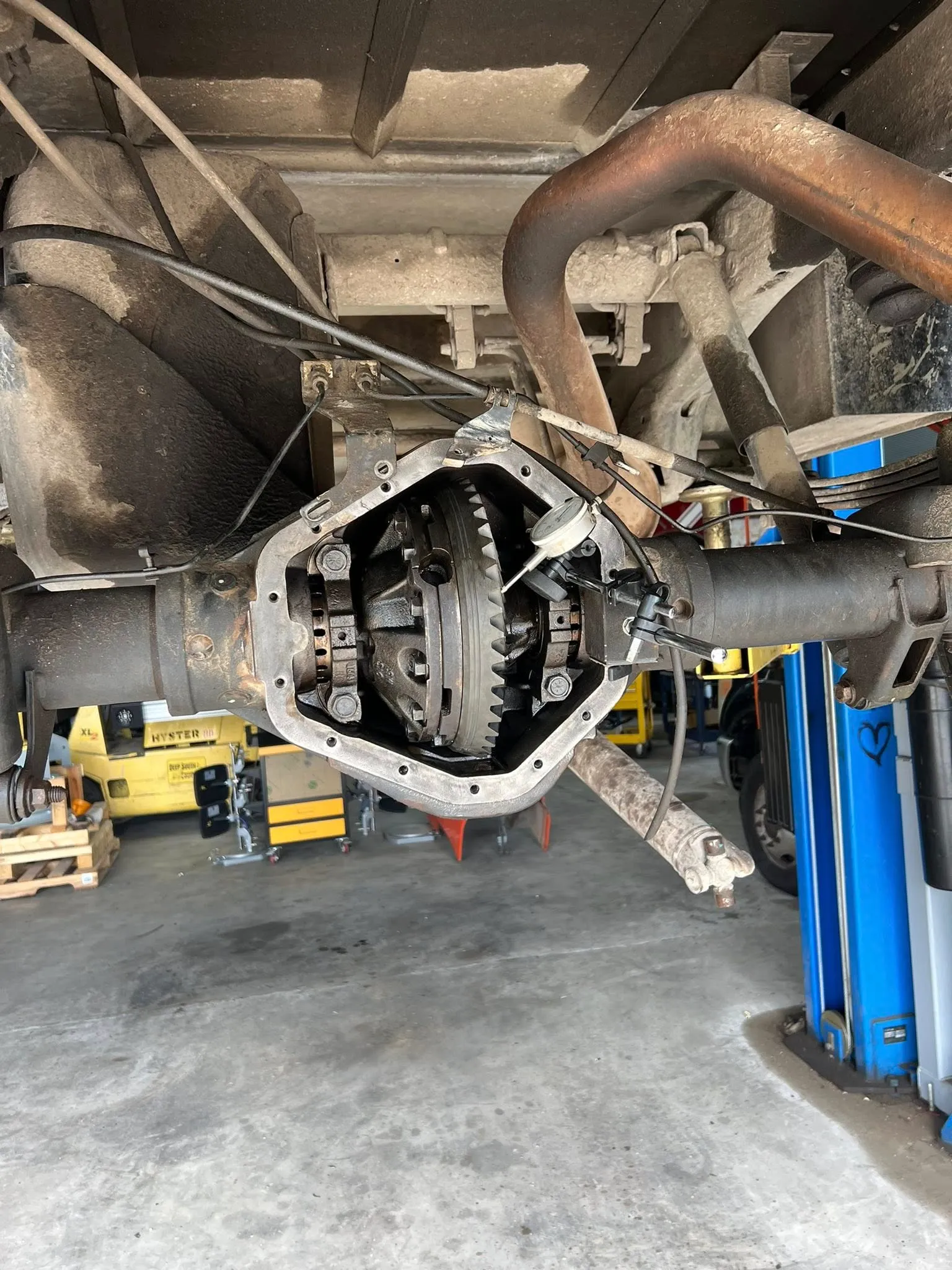 Differential service on a truck up on the rack