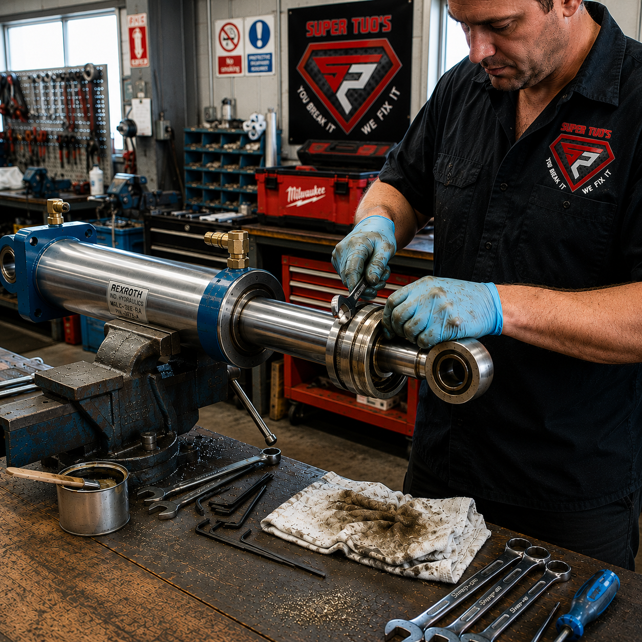 Close-up of a hydraulic cylinder under repair