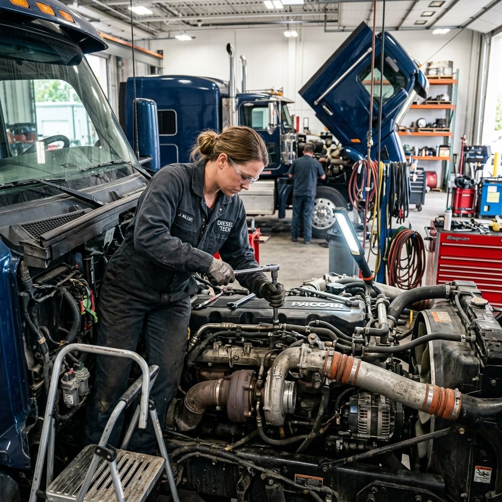 Mechanic working on a truck engine in a dark workshop